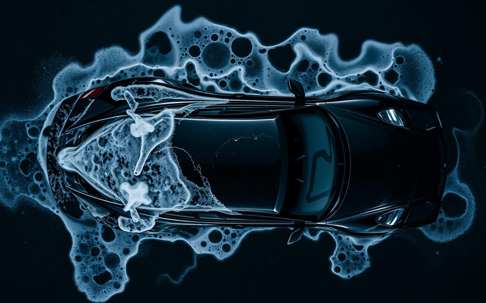 Aerial view of a black sports car during exterior wash
