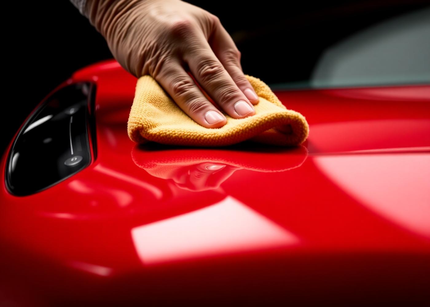 Detailer wiping down a red Ferrari