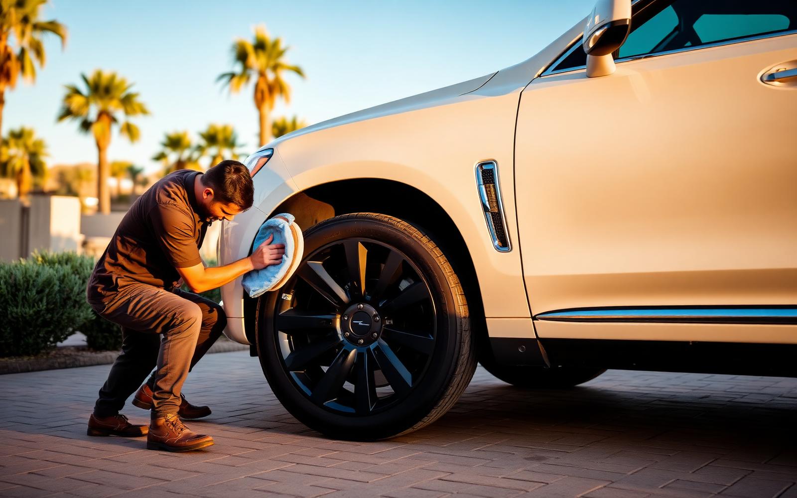 Detailer cleaning a wheel of a white SUV